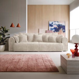 Canapea extensibilă Bravia MAX-size, 302cm, extensie 2 zone, culoare ivory, material fluffy velur raiat premium, extensie 244×182 cm