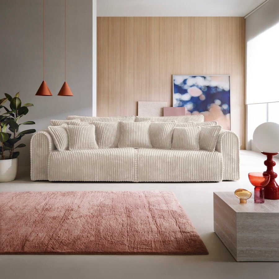 Canapea extensibilă Bravia MAX-size, 302cm, extensie 2 zone, culoare ivory, material fluffy velur raiat premium, extensie 244×182 cm - imagine 1