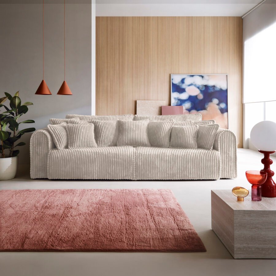Canapea extensibilă Bravia MAX-size, 302cm, extensie 2 zone, culoare bej, material fluffy velur raiat premium, extensie 244×182 cm - imagine 1