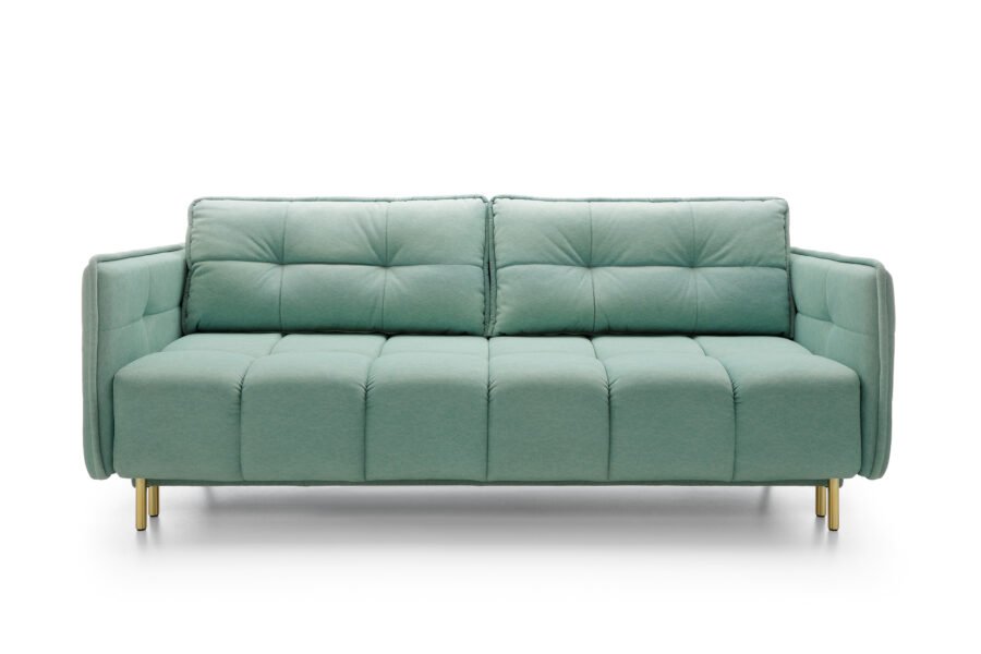 Canapea CAVELLO extensibilă cu ladă de depozitare, stofă impermeabilă, culoare turcoaz, picioare aurii, 225 cm lungime, extensia 200x140 cm - imagine 1