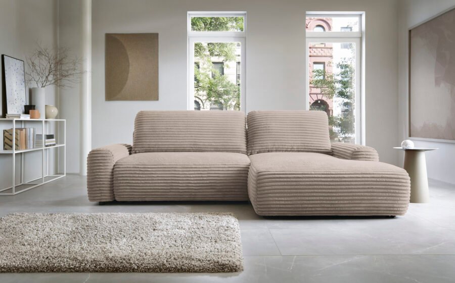 Colțar extensibil CORD, spațiu de depozitare, 264x162 cm, culoare cappuccino, stofă velur raiat mat, dreapta - imagine 3