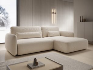 Colțar extensibil MOSSA, spațiu de depozitare, 243x163 cm, culoare bej deschis, stofă chenille densă impermeabilă, dreapta - imagine 3