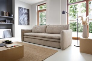 Canapea extensibilă TILIA SLIM, 229 cm, culoare bej, stofă velur raiat pet-friendly, extensia 200×140 cm - imagine 4