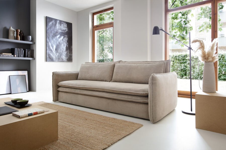 Canapea extensibilă TILIA SLIM, 229 cm, culoare bej, stofă velur raiat pet-friendly, extensia 200×140 cm - imagine 4