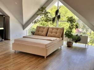 Pat tapițat ADELE 160x200, material stofă texturată, somieră metalică rabatabilă, spațiu depozitare, seria MODERN