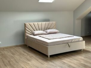 Pat tapițat SUNNY 160x200, material stofă texturată, somieră metalică rabatabilă, spațiu depozitare, seria MODERN